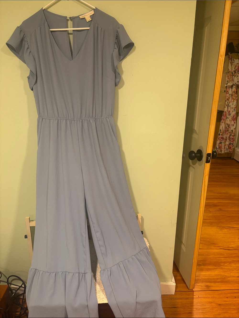 Monteau Los Angeles Boho Women's Light Blue Ruffle Hem Jumpsuit